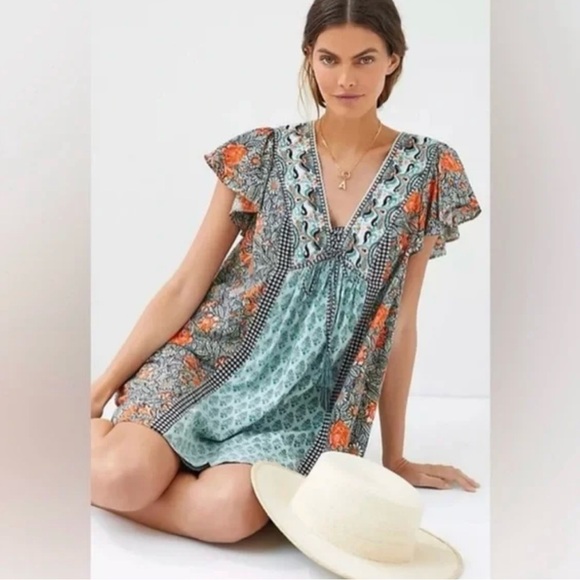 Anthropologie Blue Green Astrid Tunic Floral Dress - Picture 8 of 11